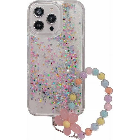 for iPhone 14 Pro 6.1" Case Glitter Quicksand with Wrist Strap,Dual Layer Bling Flowing Liquid Floating Sparkle Colorful Star Protective Phone Case for iPhone 14 Pro 6.1"