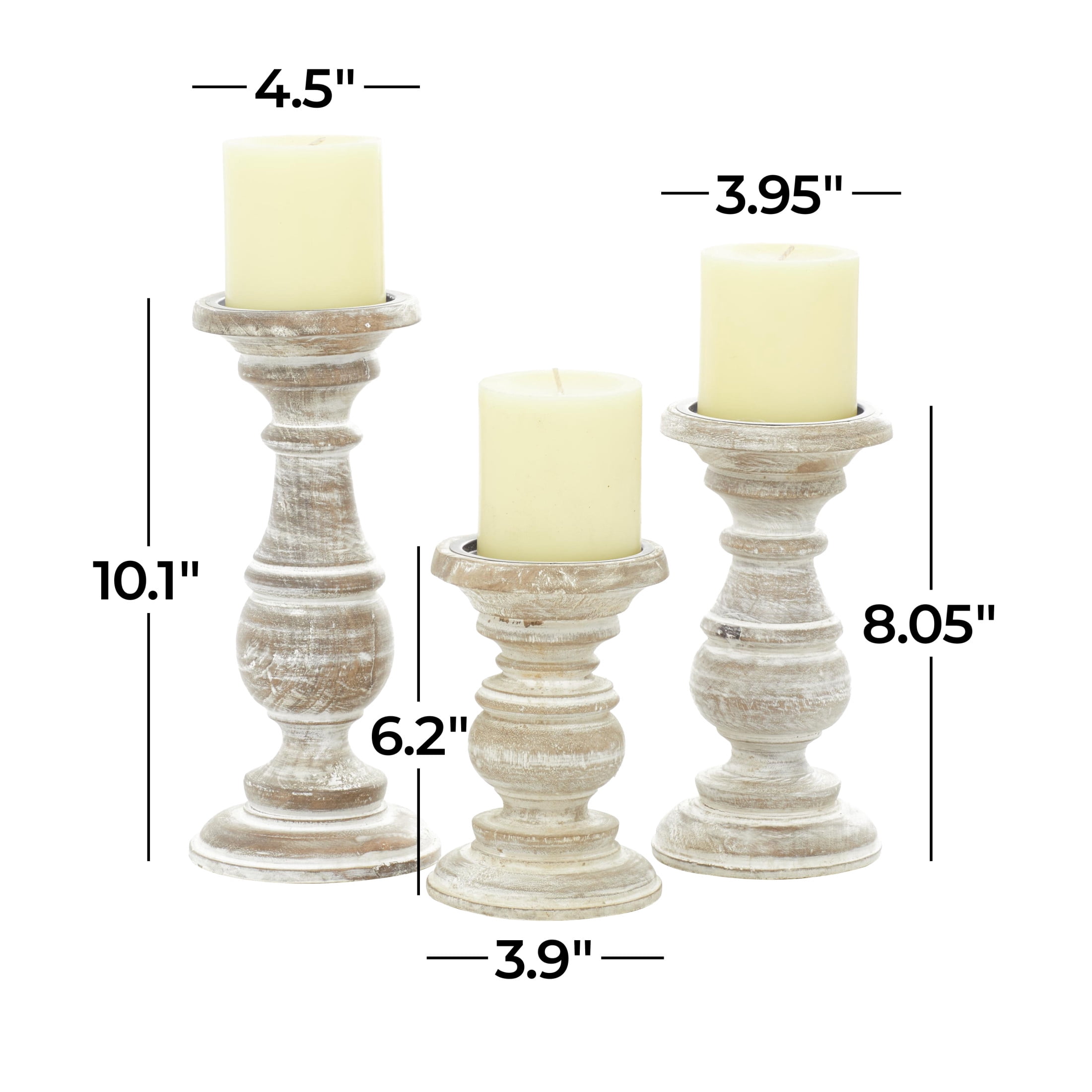 DecMode Traditional and Timeless Mango Wood Pillar Candle Holder Set of 3, 6", 8", 10"H, Cream Finish