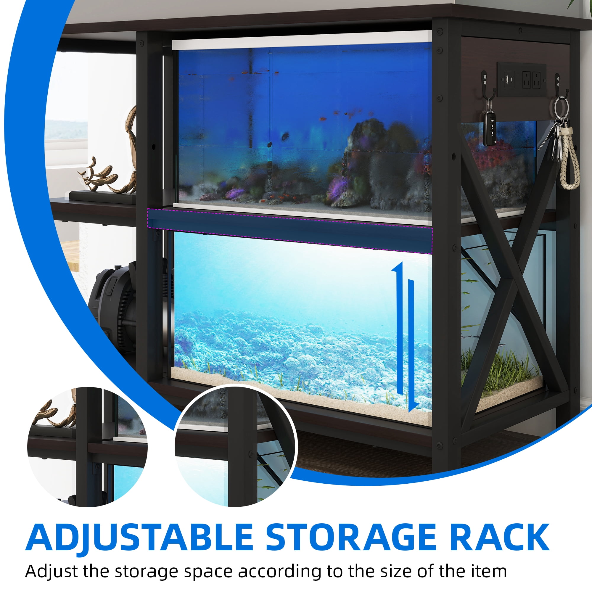 Uforic 40-50 Gallon 3-Tier Heavy Duty Metal Storage Fish Tank Stand with Power Outlets, Black