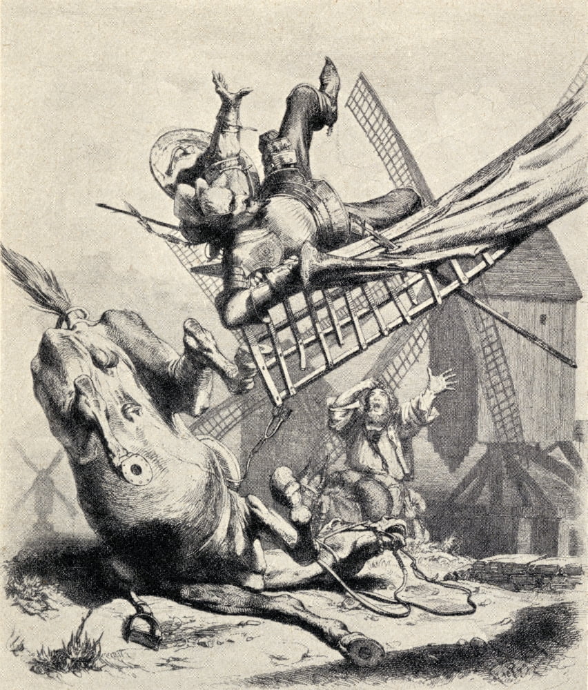 Don Quixote Attacking The Windmills Believing Them To Be Giants From Don Quixote De La Mancha By Miguel De Cervantes Saavedra From Die Gartenlaube Published 1905 Canvas Art - Ken Welsh  Design Pics (1