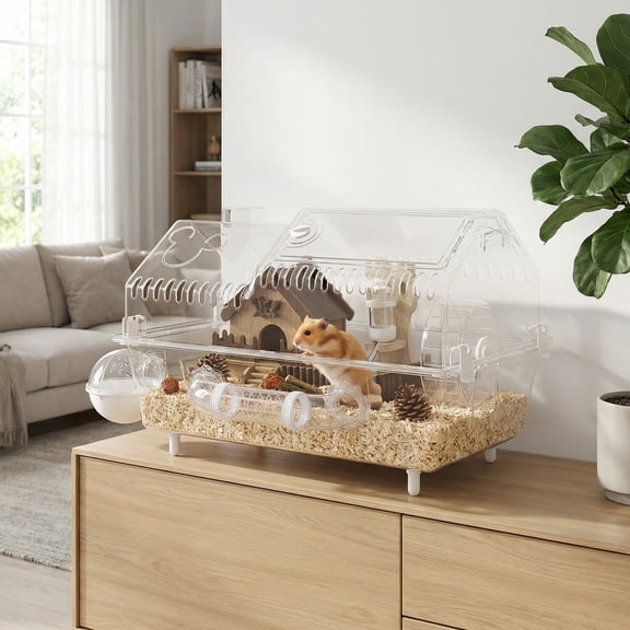 PawHut 8 in 1 PET Hamster Cage, Dwarf Hamster Cage with Large Wheel & Hideout, Accessories, Clear Pet House, 21.5" x 11.8" x 12.6"