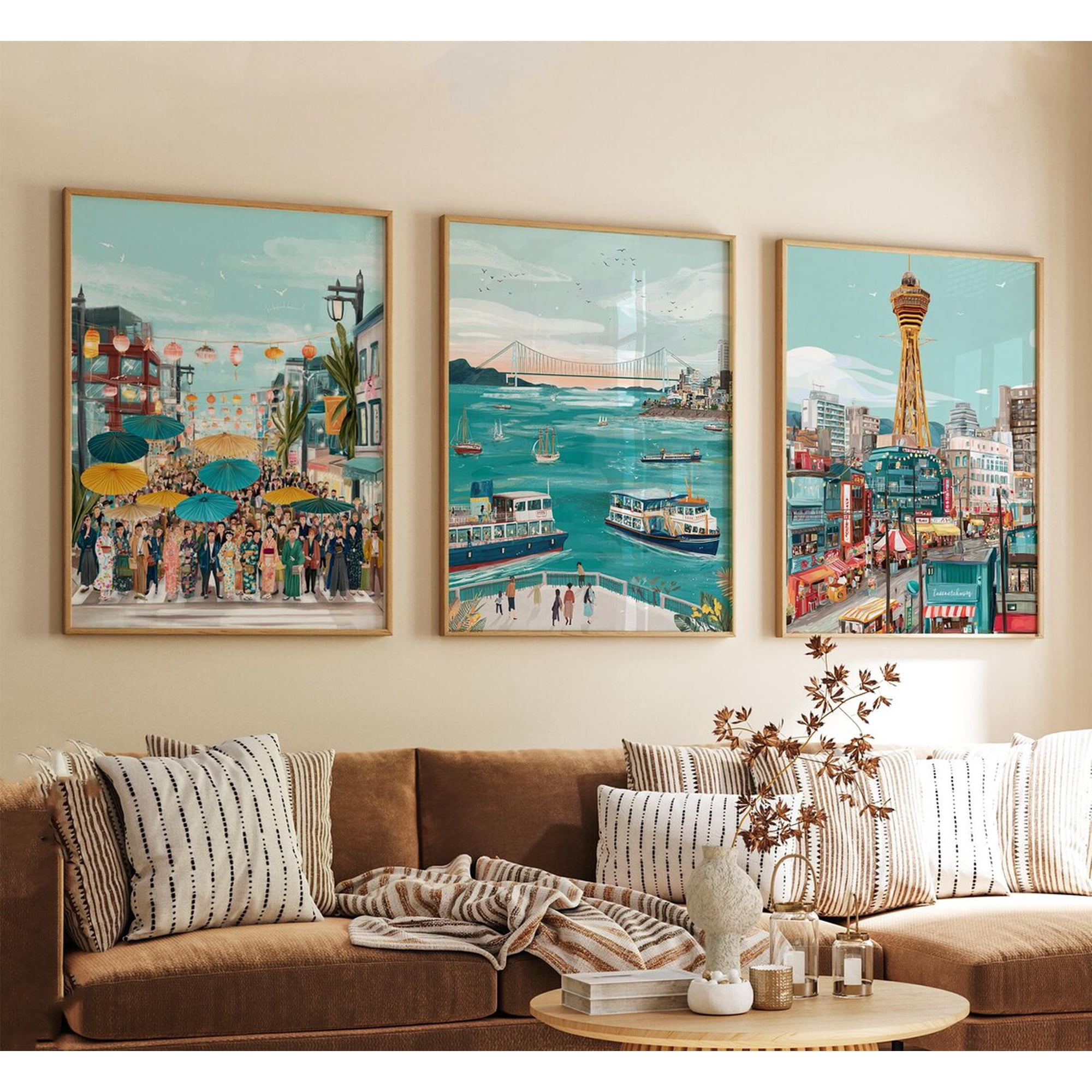 Set Of 3 Osaka Japan Wall Art Prints Vintage Inspired City Landscape Neutral Asian Travel Living Room Office And Gallery Wall Decor