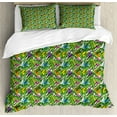 thumbnail image 1 of Tropical Duvet Cover Set Queen Size, Pattern of Colorful Illustration of Big Leaves on Geometric Silhouettes, Decorative 3 Piece Bedding Set with 2 Pillow Shams, Green and Multicolor, by Ambesonne, 1 of 3