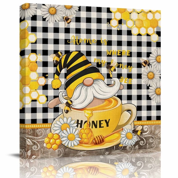 Framed Canvas Wall Art for Living Room Honey Bee Gnome Wall Decor, Daisy Flower Black Buffalo Plaid Aesthetic Paintings for Bedroom Office Kitchen, Ready to Hang Artwork Wall Pictures 8x8 Inch