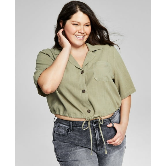 Now This Trendy Plus Size Tie Front Woven Shirt Olive 0X