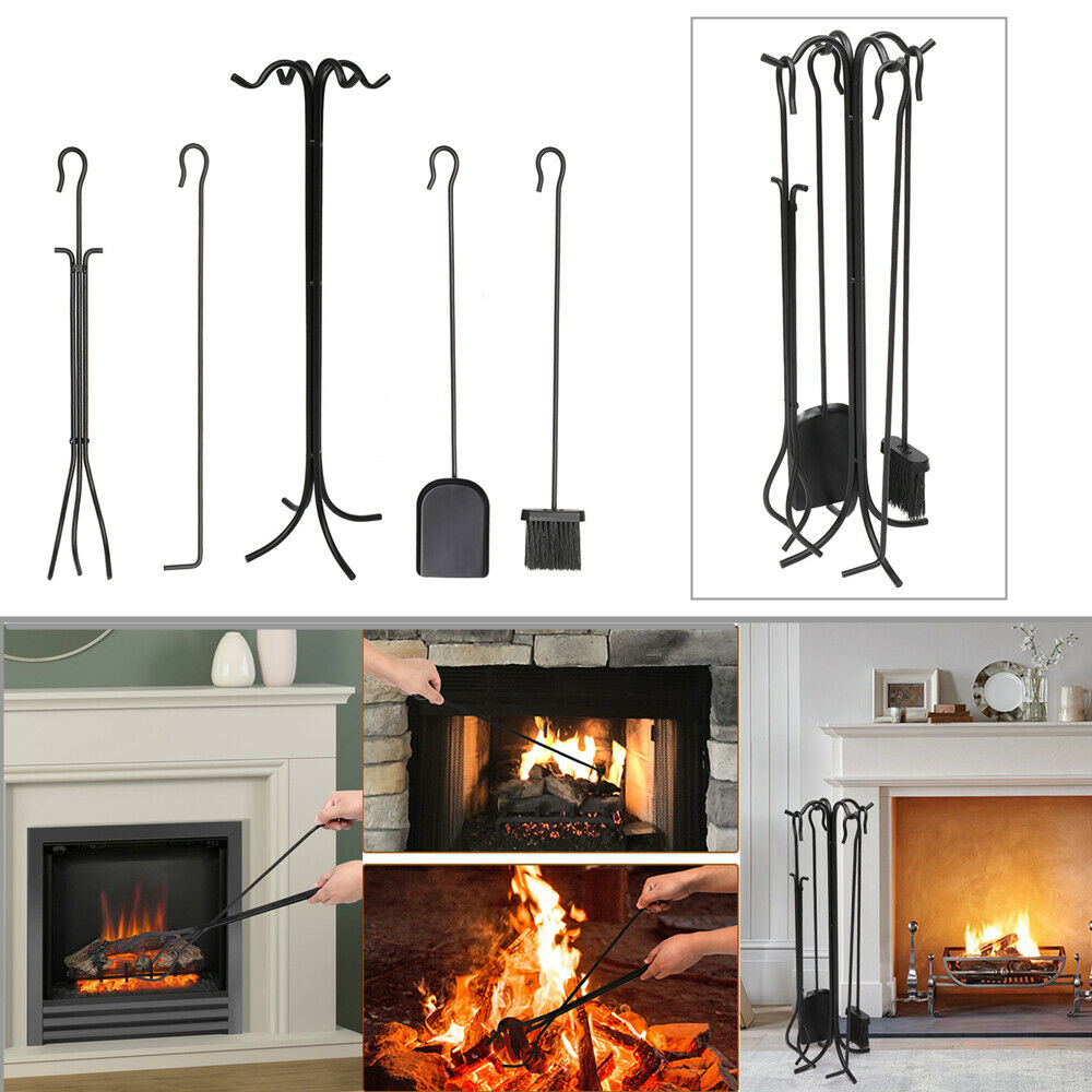 Fireplace Tools Kit 5Pcs//Set Fireplace Tools Indoor Wrought Iron Fire Place Toolset and Fireset Pit Stand Holder with Poker Shovel Brush Tong and a Storage Base for Home Hotel