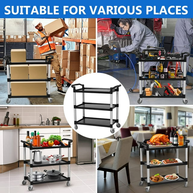 GloryStar 3-Tier Plastic Service Utility Cart with Wheels, Plastic Utility Cart Work Cart Lockable Wheel, Extra Large for Foodservice/Commercial/Restaurant/Office/Kitchen/Hotel