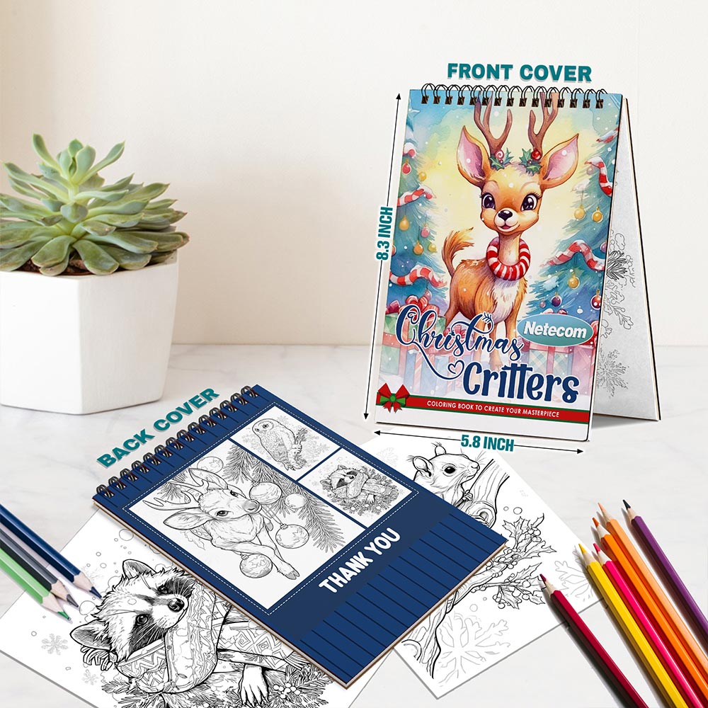 Netecom Christmas Critters Coloring Book Spiral Bound for Adults, A5 Wooden Cover, 30 Adorable Coloring Pages of Festive Animals for Stress Relief and Relaxation