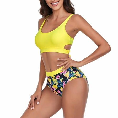 

Finelylove Modest Swimsuits For Women Padded Sport Bra Style Bikini Yellow XL
