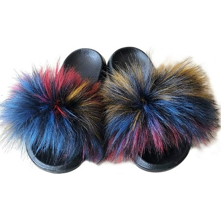

Women Faux Fur Decor Flat Slippers Fluffy slides