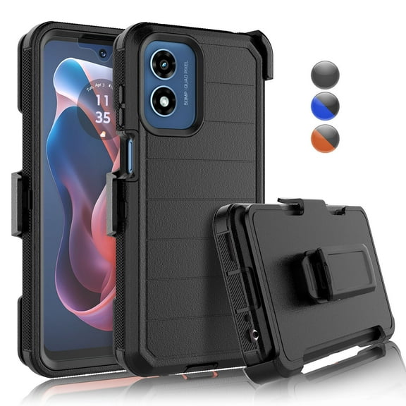 For Motorola Moto G Play 2024 6.5" Case,Heavy Duty Rugged Defender Case with [Belt Clip Holster] [Built in Screen Protecotr], Shockproof Full Body Protection Kickstand Cover, Black