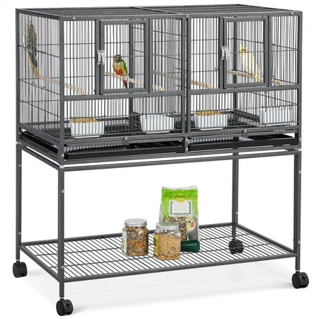 Alden Design Stackable Wide Divided Metal Bird Breeder Cage with Rolling Stand, Black