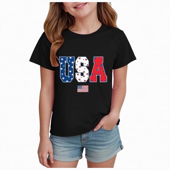 kpoplk Girl's Letter Graphic Tees Short Sleeve Crewneck Cute Shirts for Teen Girls Trendy(Black,9-10Y)