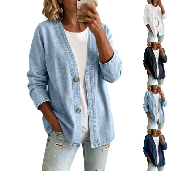 Denim Cardigan for Women Lightweight Button Down V Neck Jean Jackets Coat Fashion Long Sleeve Open Front Cardigan Light Blue S