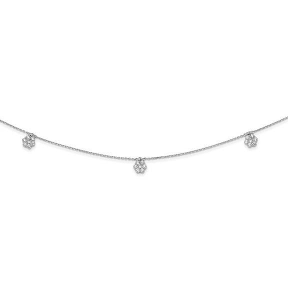 925 Sterling Silver Cable Necklace with Pendants Chain Shimmer 28 inch 49 Stone 7 Flower Stations CZ 0.8 mm