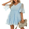 thumbnail image 1 of Femmes Midi Robe Manches Courtes V Cou Jacquard Solide Robe d'Été, 1 of 9
