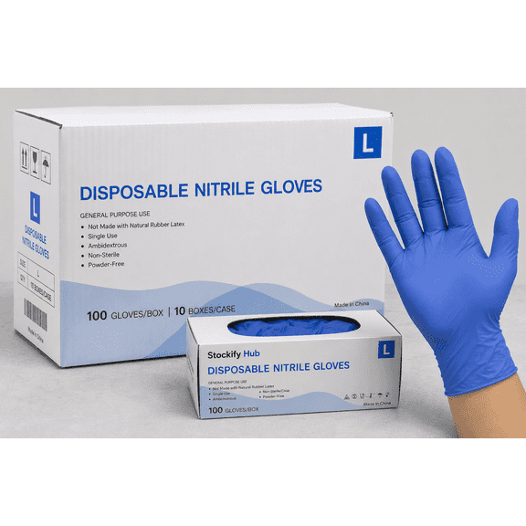 Stockify Hub Powder-Free Nitrile Disposable Gloves Case, Large, Blue, 1000 Count, 10 Pack