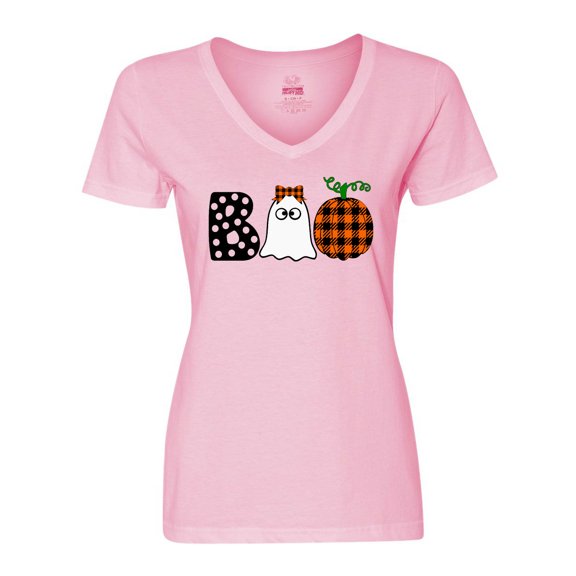 Inktastic Boo Halloween Ghost and Plaid Pumpkin Women's V-Neck T-Shirt