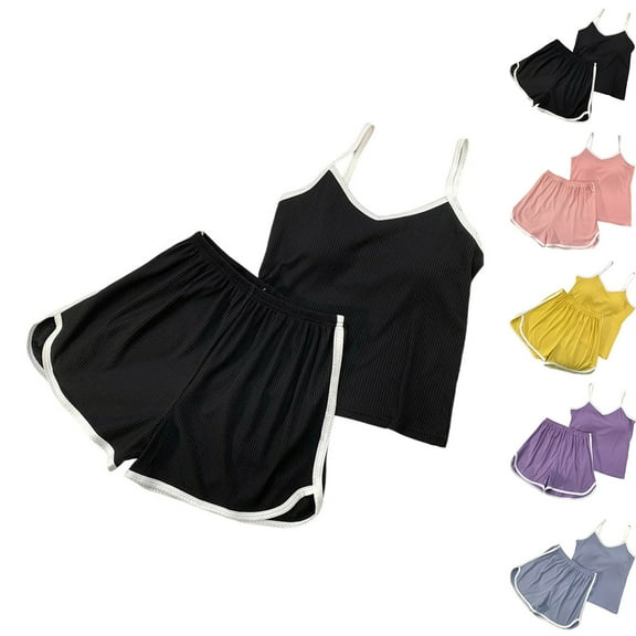 ZZwxWA Womens Spaghetti Strap Pajama Set Bulit in Bra Crop Cami Top and Shorts Pj Set 2 Piece Loungewear Cute Sleepwear