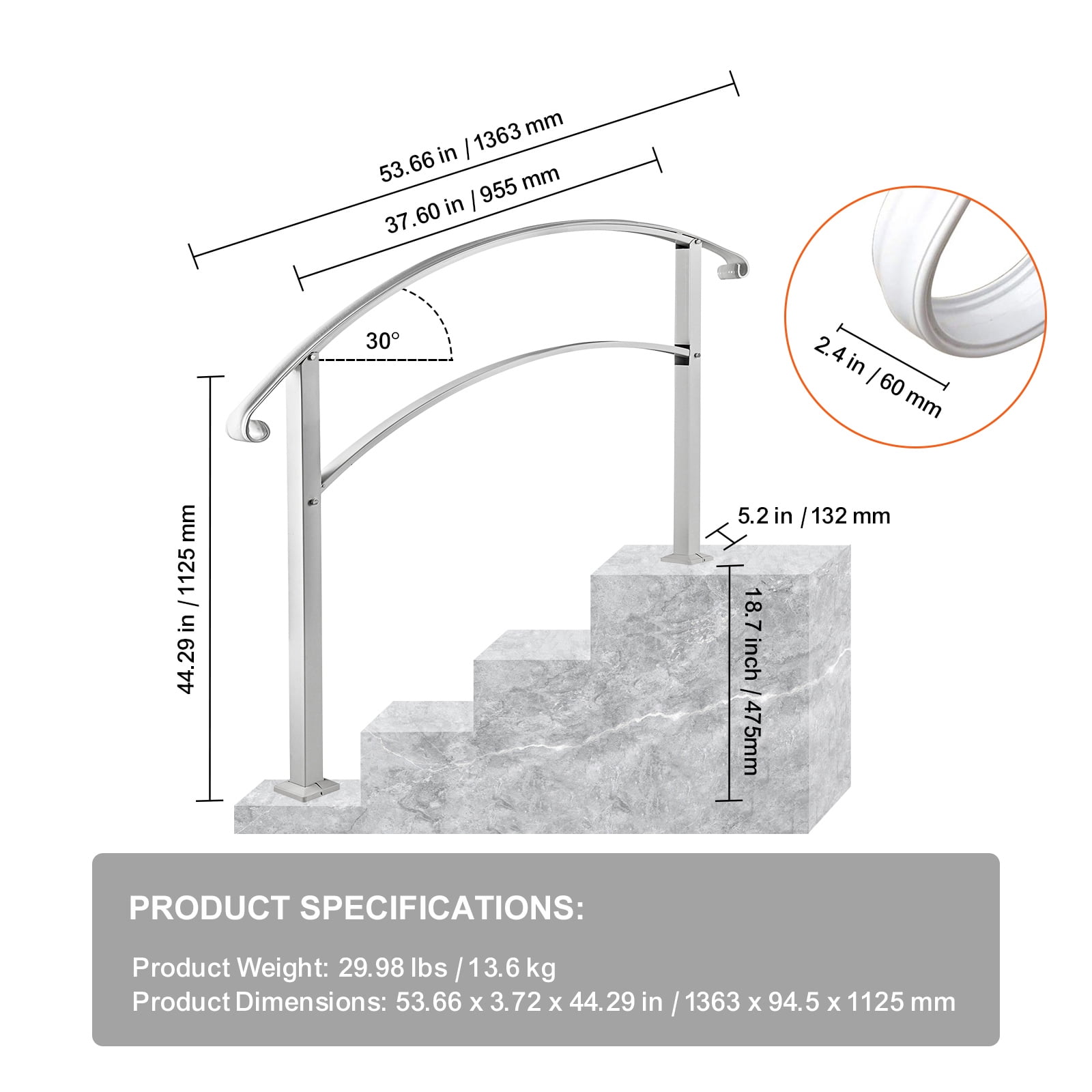 KFFKFF Outdoor Handrails for Steps, Suitable for 1 to 4 Steps, White Wrought Iron Stair Railing, Adjustable Porch Hand Rail, Versatile Handrails for Concrete or Wooden Stairs