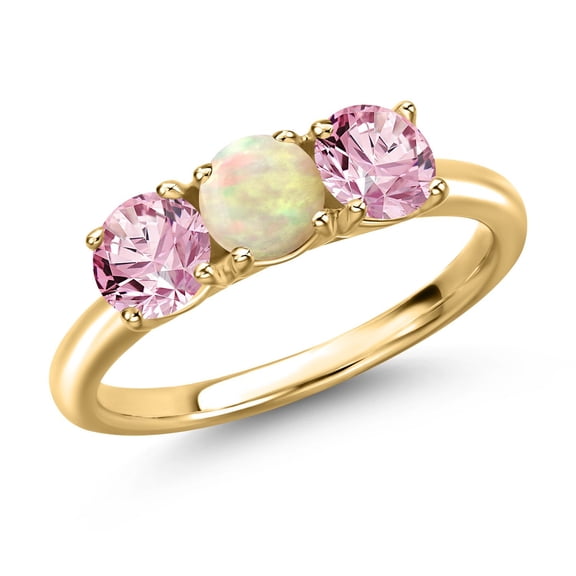 Gem Stone King 18K Yellow Gold Plated Silver White Ethiopian Opal and Pink Lab Grown Diamond Engagement Ring for Women | 1.30 Cttw | Round Cabochon 5MM | Gemstone October Birthstone | Size 9