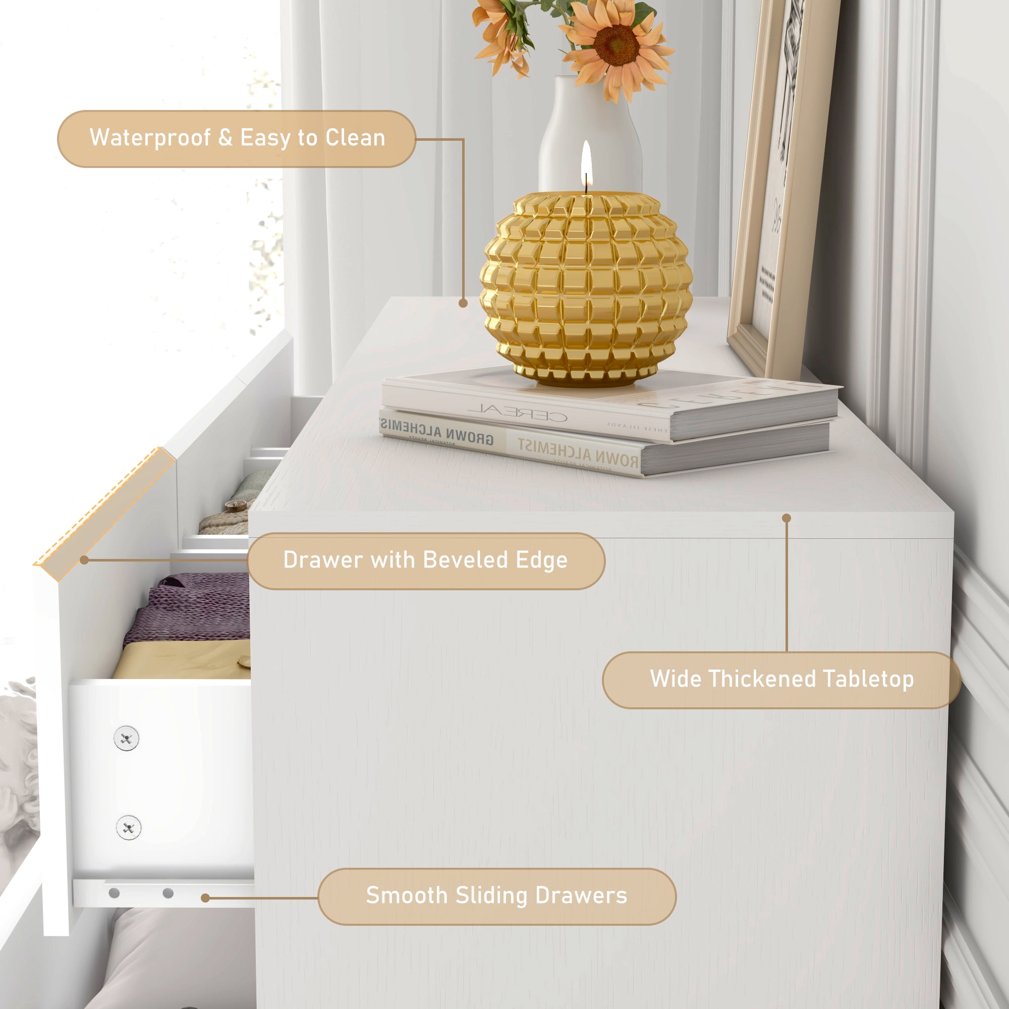 ChVans 7 Drawer Dresser for Bedroom, 55" Modern High Gloss White Dresser with Wood Chest of Drawer Handle Free, Long Dresser for Bedroom, Living Room, Entryway, Hallway