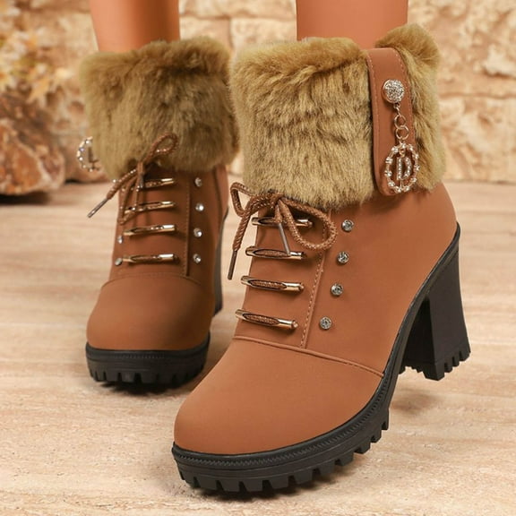 BLTIBY Ankle Boots for Women Winter Warm Thicked Lining Booties Chunky Heel Lace Up Shoes Fashion Short Boot with Side Zipper Brown 38