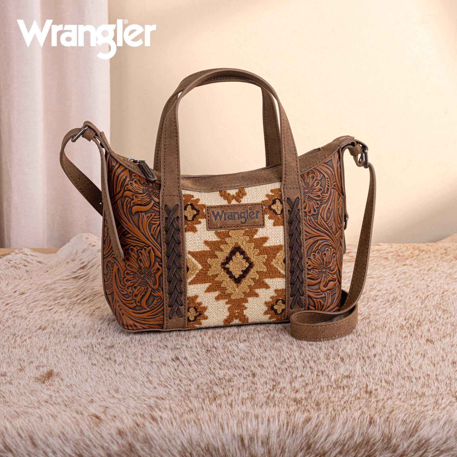 Wrangler Tooled Aztec Small Crossbody Handbag for Women Stylish Handle Bag Designer Top-Handle Crossbody Bags, Brown
