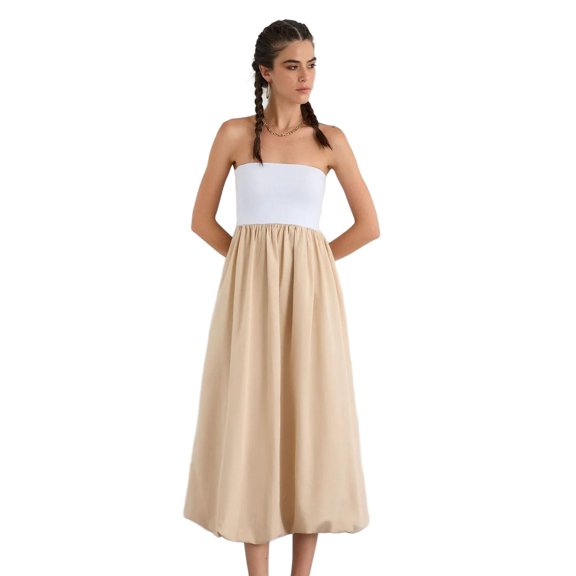 Color Block Pleated Strapless Balloon Skirt Maxi Dress