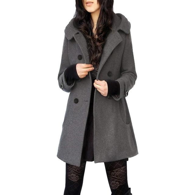Gabardina de lana tipo chícharo con capucha para mujer, color gris bronceado