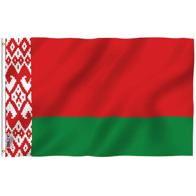 ANLEY Fly Breeze Drapeau de Biélorussie 3 X 5 Pieds en polyester durable, Présentant des Couleurs Rouges et Vertes Vives avec un Motif Biélorusse Traditionnel sur le Côté Gauche. Comprend des Bords à Double Piqûre, un en-Tête en Toile et Deux Oeillets en Laiton pour une Suspension Facile. Idéal pour les Zones à Faible Vent, Usage Extérieur Ou Intérieur, et des Présentations Patriotiques.