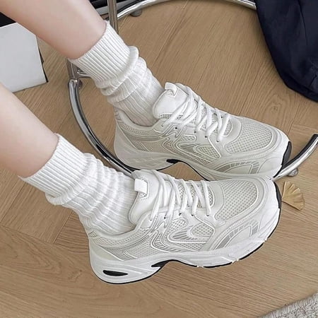 Women Casual Sneakers White Lace-Up Chunky Toe Breathable Mixed Material Design – Outdoor Hiking College Student Commuting Shoes