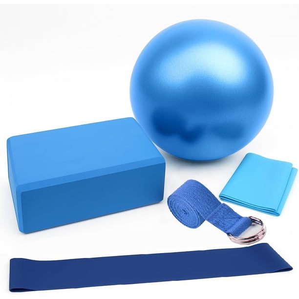 Yoga Set con Bloques de Yoga y Pelota Pilates y Dos Especies de Ligas de Resistencia para Ejercicio, y Correa para Apoyar, Resistente al Olor y Antideslizante para Yoga, Pilates y Meditación, Azul