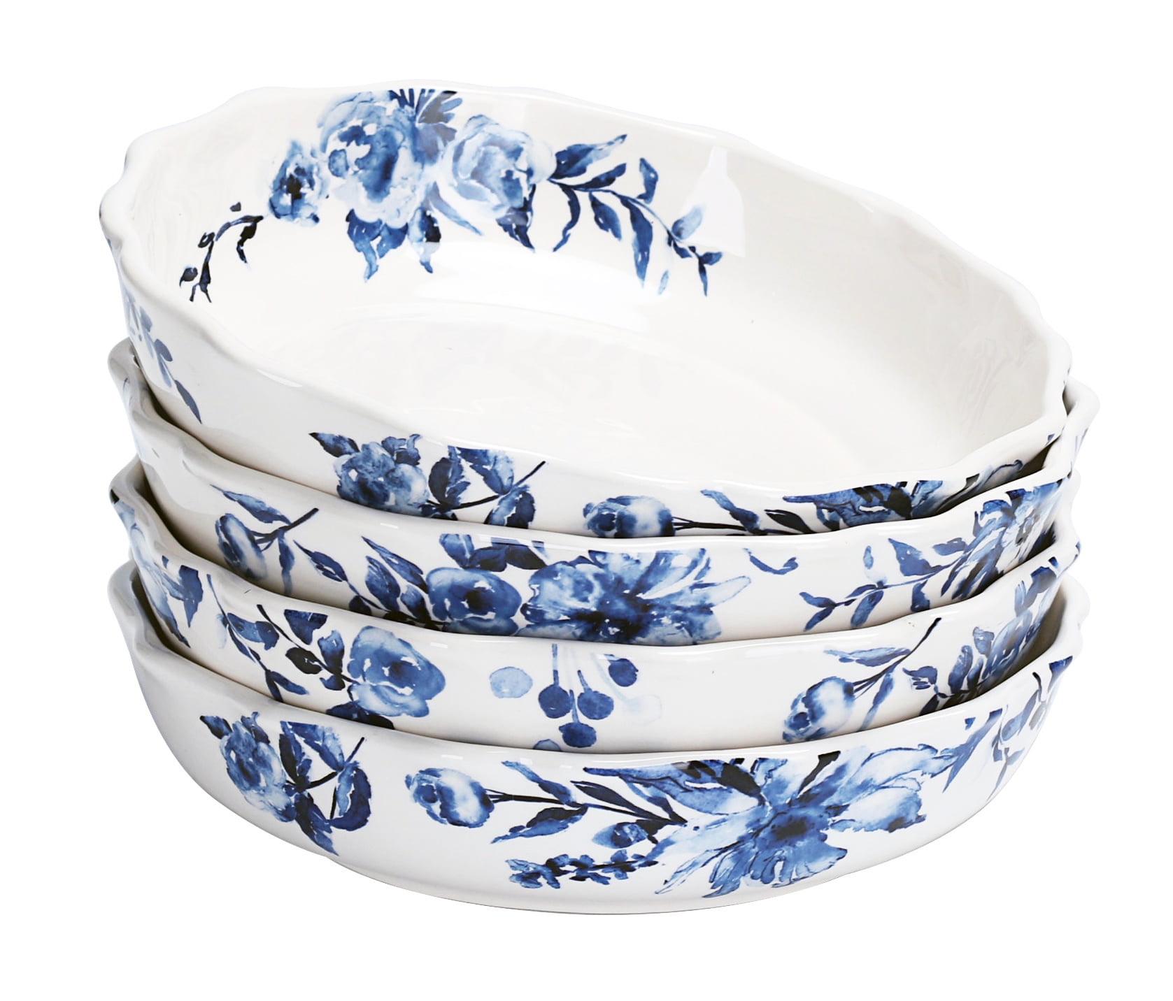 QPM Watercolor Blue Flower Ceramic 32oz Scalloped Dinner Bowls Set of 4,Blue-flower 