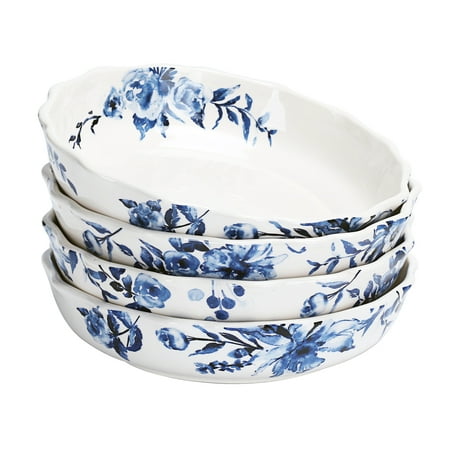 

Watercolor Blue Flower Ceramic 32oz Dinner Bowls Set of 4 for Pasta Salad Cereal Soup & Microwave & Dishwasher Safe