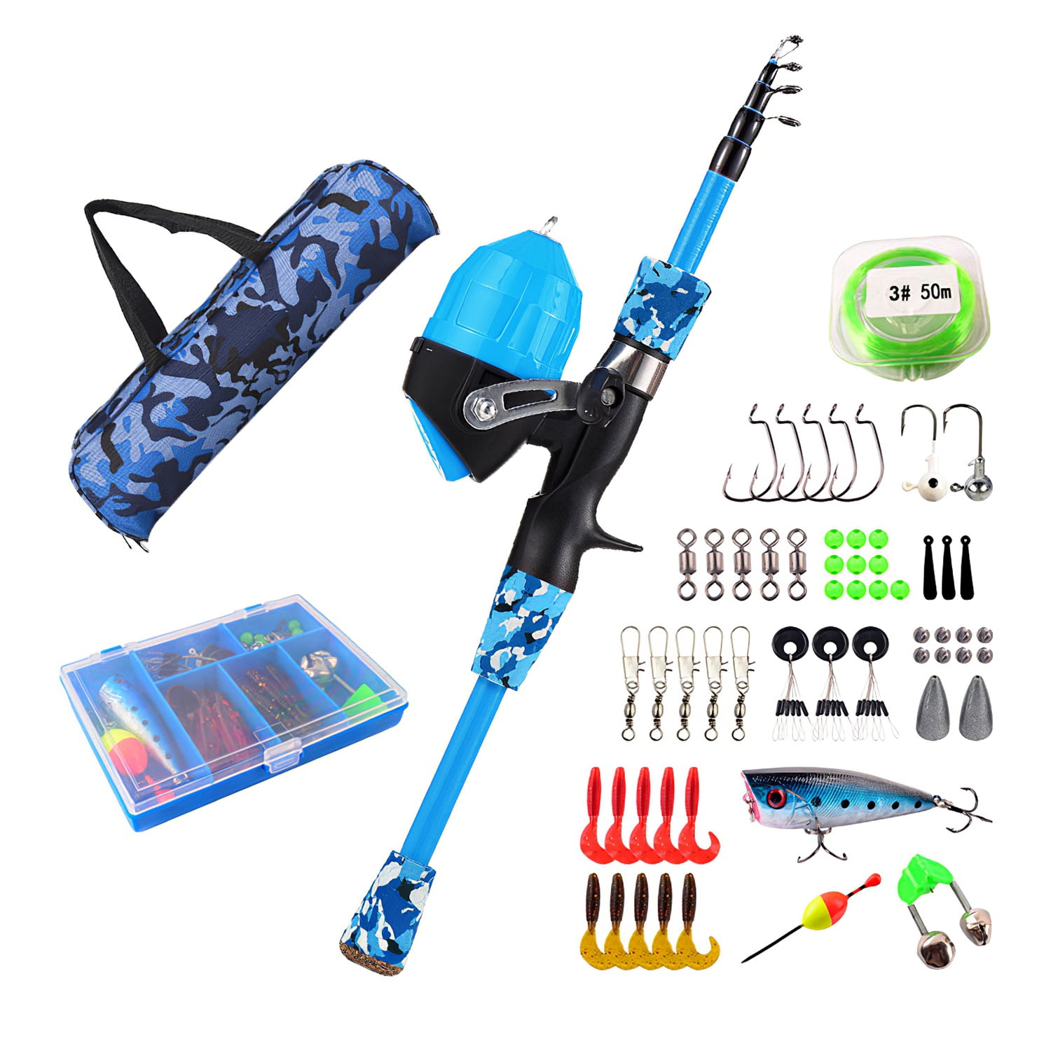 Kids Fishing Pole Set Teqhome Portable Telescopic Fishing Rod and Reel Combo Kit  with Tackle Box 56Pcs Fishing Lures for Aged 5+ Boys 5FT Blue