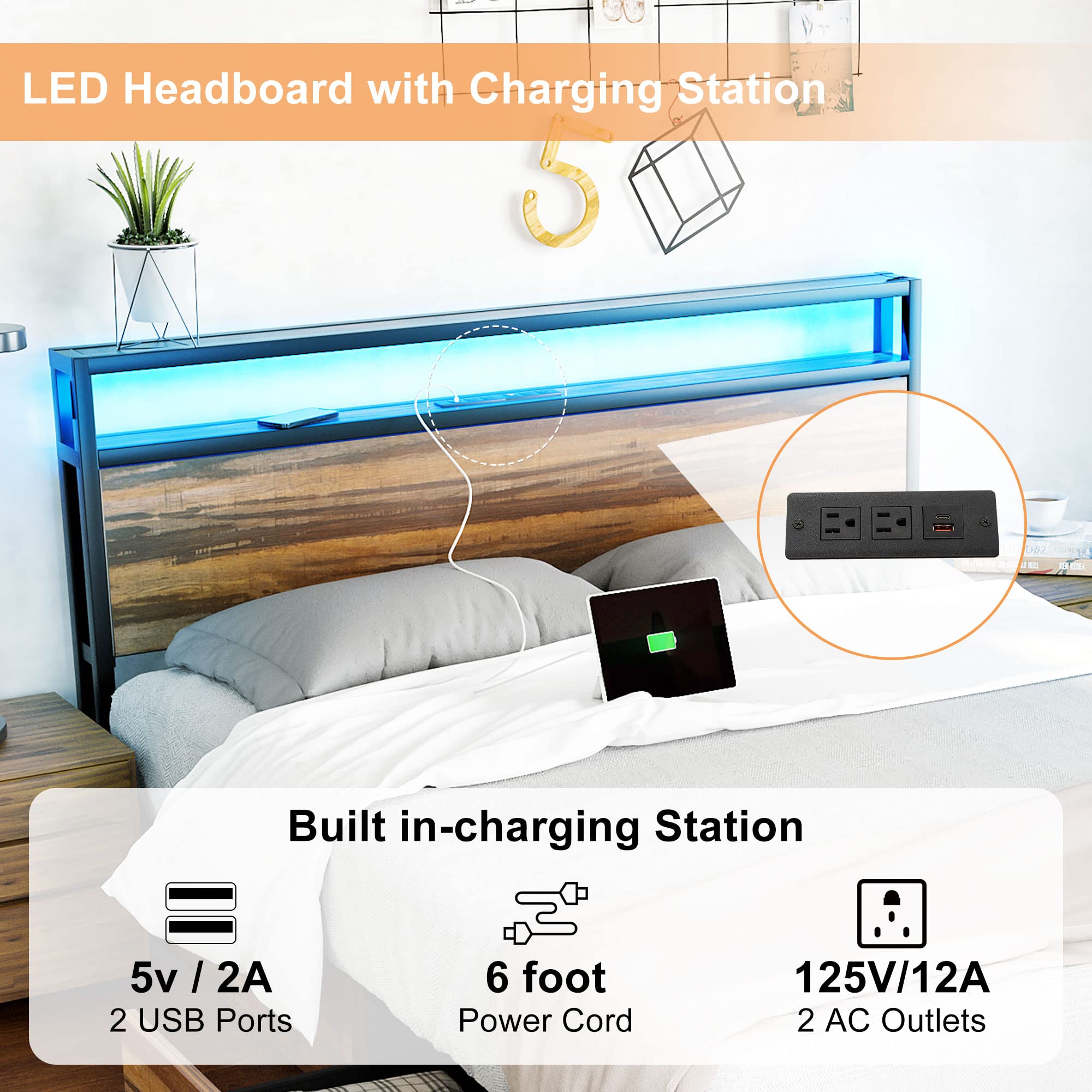 Full LED Bed Frame with Storage Headboard, 4 Drawers and Power Station, Industrial Metal Platform Bed with Power Charging Station & USB Ports (Tan-Full) - image 3 of 11