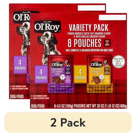 (2 pack) Ol' Roy Tender Morsels Filet Mignon and Grilled Chicken Cuts in Gravy Variety Pack, 3.5 oz Pouches (8 Pack)