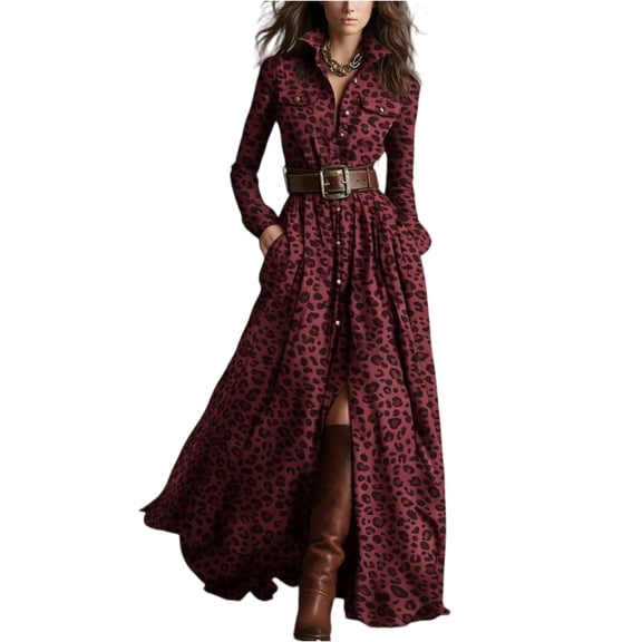 HAJWOH Plaid Dress for Women Vintage Maxi Dresses Long Sleeve Vneck Casual Wedding Dresses Vermilion L