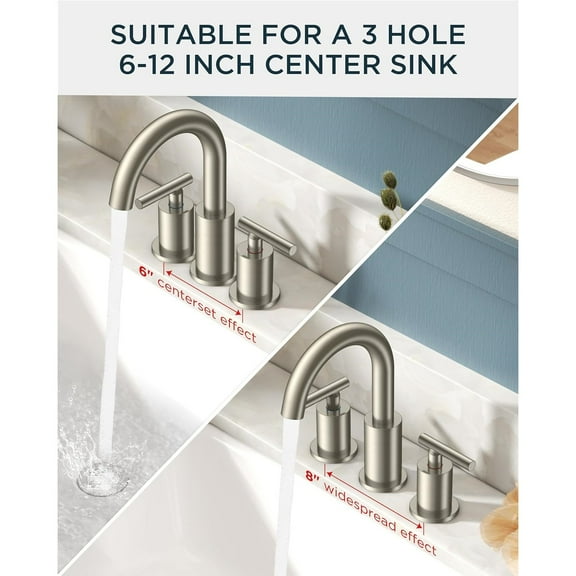Brushed Nickel Bathroom Faucet 3 Hole Vanity with Metal Pop Up Drain and 24" Supply Lines, 2 Handle 8 Inch Widespread Faucet for Bathroom Sink 3 Hole Brushed Nickel with 360° Swivel Spout