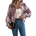 thumbnail image 2 of Women'S Long Sleeve Cropped Flannel Plaid Shacket Button Down Plaid Crop Short Jacket Coat Pink S, 2 of 10