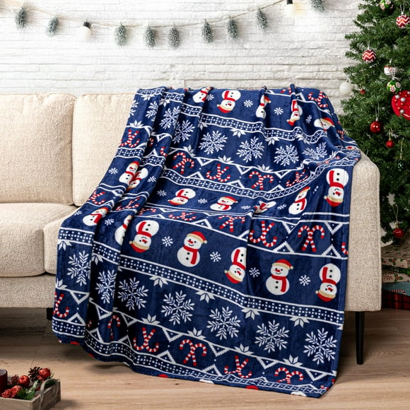 Manta Pavilia con diseño de muñeco de nieve navideño, 127 x 152 cm, azul, suave y cálido
