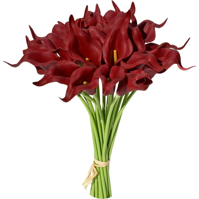 Nvzi 20 piezas de flores artificiales de seda de lirio de cala de color burdeos de 13,4 pulgadas para el Día de la Madre, el hogar, la cocina y la boda