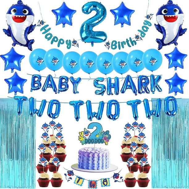 Blue Baby Shark 2nd Birthday Complete Decoration Set for Boys & Girls | 44  Pcs Baby Shark Theme Party Decorations for Kids | Includes Shark Banner