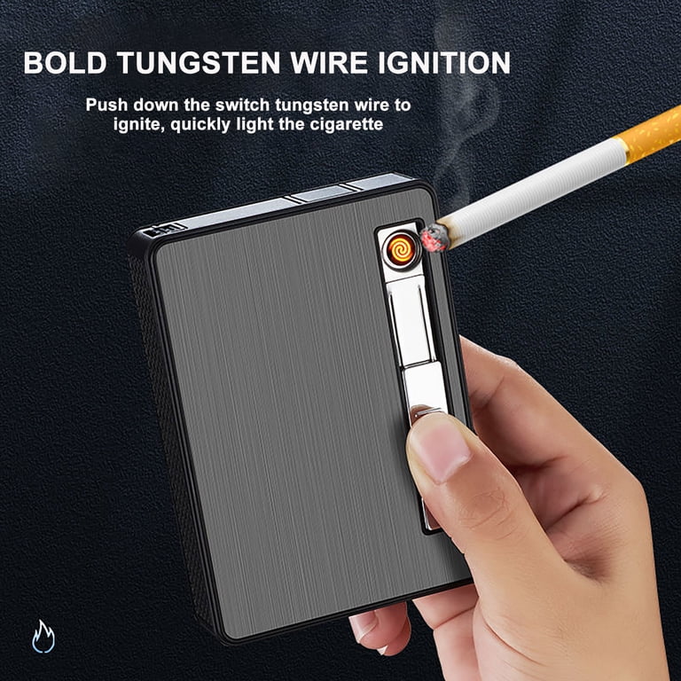 Rewenti Case with Built-in Lighter Windproof Refillable Butane Torch, Automatic  Ejection Case Dispenser Box for Cigarettes