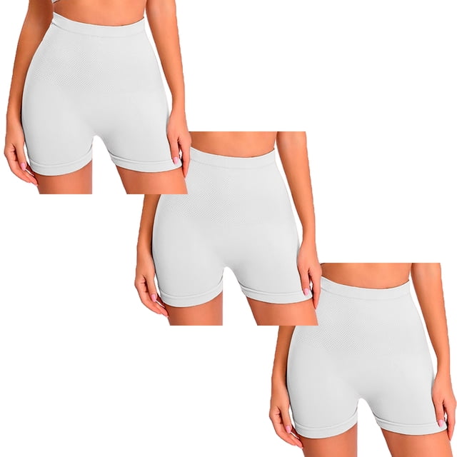 Paquete de 3 Short Licra Mujer, Cintura Alta, Blanco-Blanco, Unitalla, Pantalones Cortos, Deportivo, Boxer, Entrenamiento, Biker