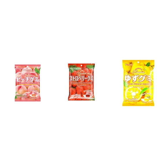 3 Pack Kasugai Gummy Candies, Made in Japan, Gluten Free, Mix 3 Flavor (Peach,Strawberry,Yuzu) Plus NineChef Brand Long Handle Coffee Spoon