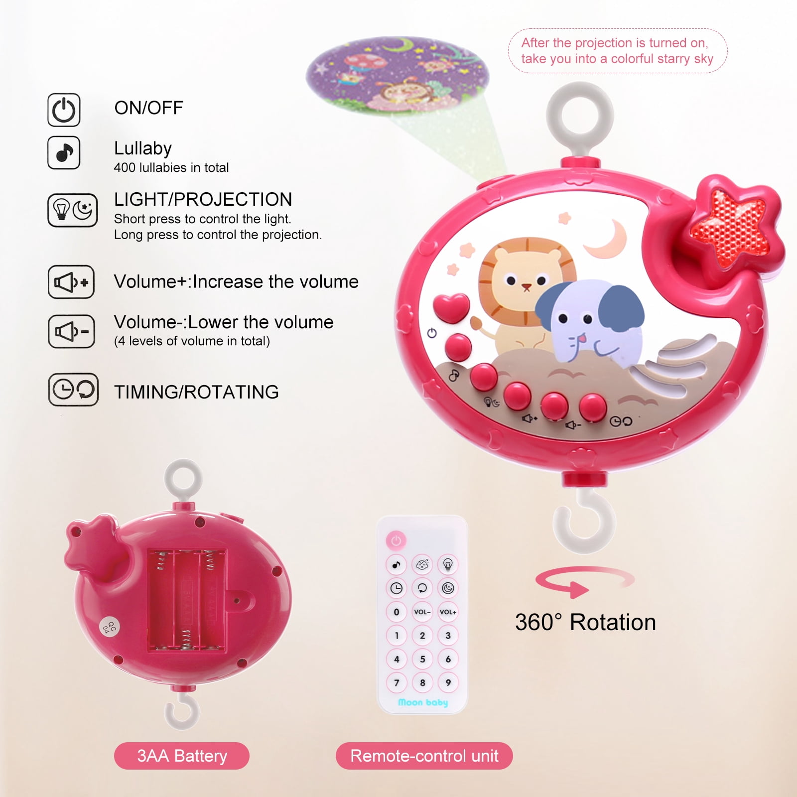SUMWE Baby Mobile for Crib with Crib Toys Music and Lights for Pack and Paly Crib Musical Carousel Mobile Baby Mobile for Girls and Boys Portable Mobile for Baby Bassinet Toys Hanging - Red