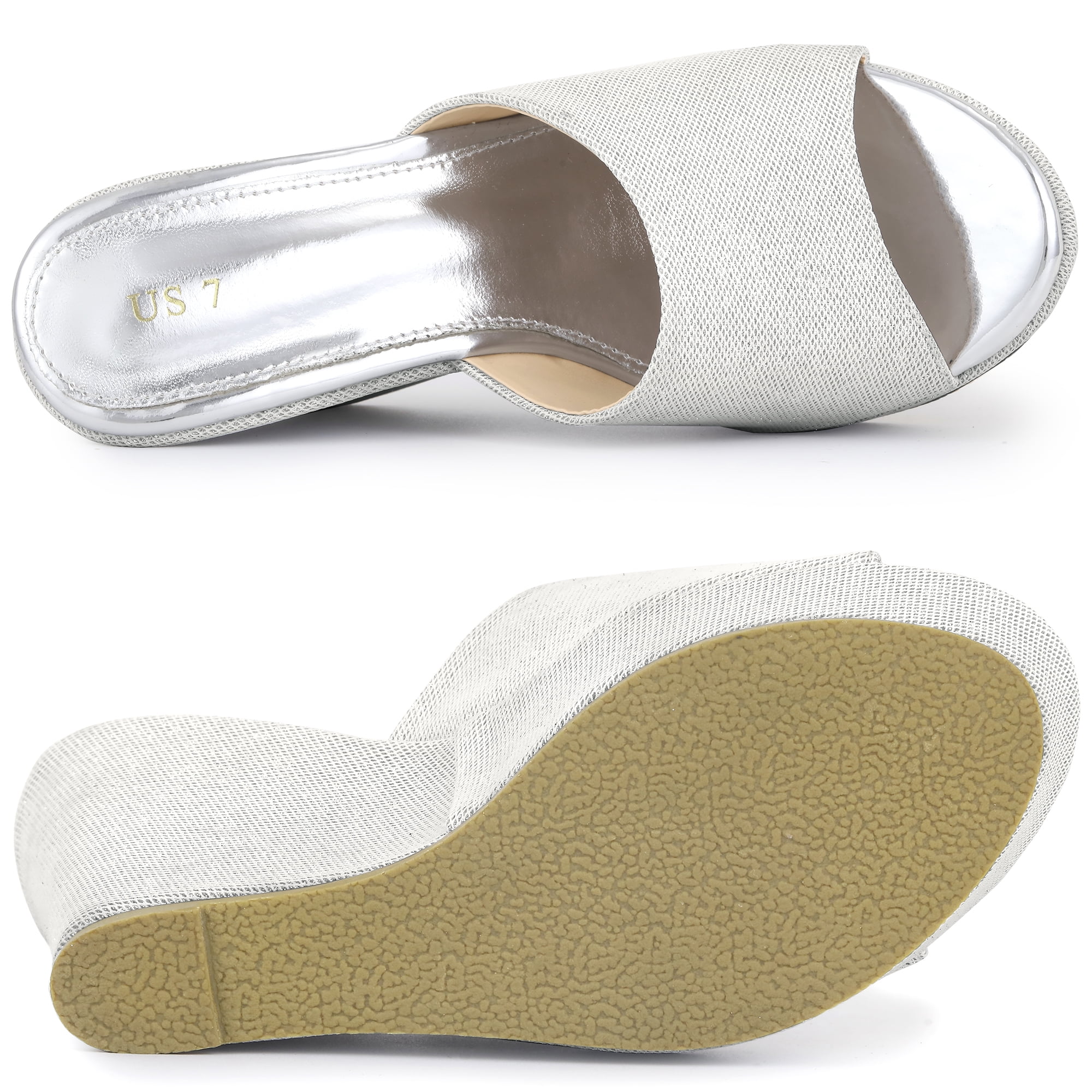 DARING DIVA Women's Glitter Platform Slip-on Wedge Heels Sandals White Silver 7