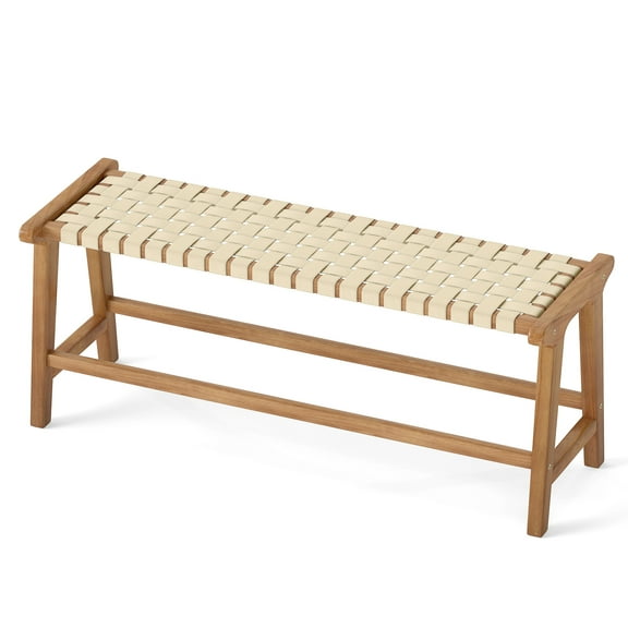 Gymax 47'' Long Teak Wood Patio Bench w/Weave Seat Solid Wood Legs Backless for Porch